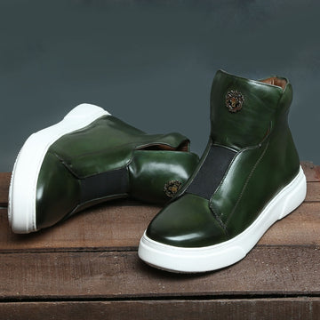 Forest Green Color Mid-Top Sneakers in Stretchable Closure by Brune & Bareskin