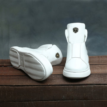 White Leather Mid-Top Sneakers in Stretchable Closure by Brune & Bareskin