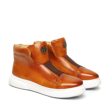 Yellow Tan Color Mid-Top Sneakers with White Sole and Stretchable Closure by Brune & Bareskin