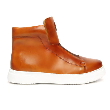 Yellow Tan Color Mid-Top Sneakers with White Sole and Stretchable Closure by Brune & Bareskin