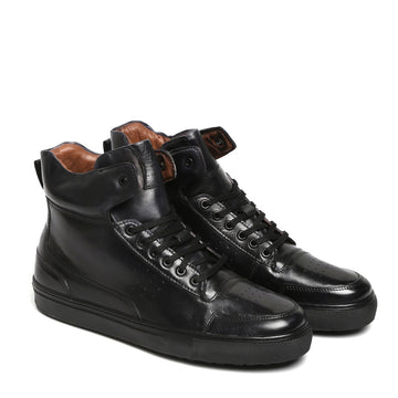 Black Leather High Top Lace-Up Sneakers By Bareskin