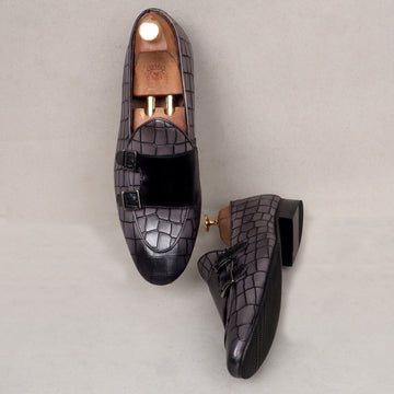 Grey Deep Cut Leather With Black Double Monk Buckle Strap Men Slip-Ons By Brune & Bareskin