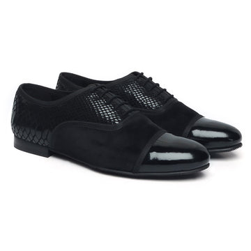 Black Snake Print Leather And Velvet Shoe With Patent Leather Cap Toe