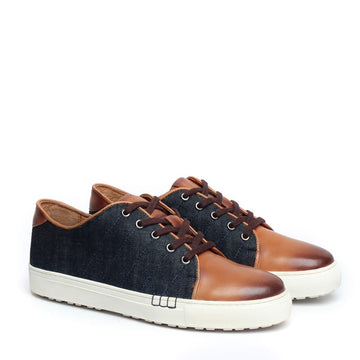 Tan Leather With Blue Denim Lace Up Casual Sneakers By Bareskin
