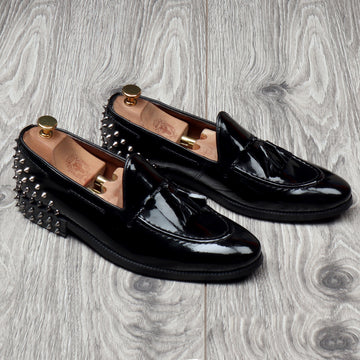 Black Patent Leather Studded Back Side Lacing Tassel Loafers By Brune & Bareskin