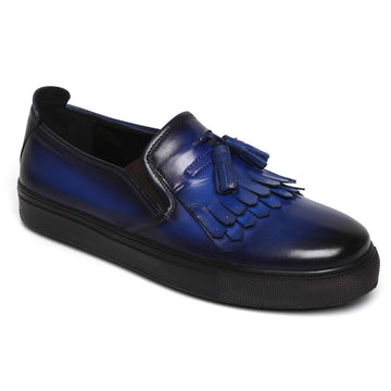 Tassel Fringes Navy Blue Leather Slip-On Men Sneakers By Brune & Bareskin