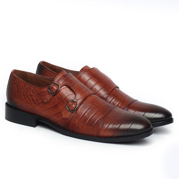Tan Croco Print Leather Double Monk Shoe By Brune & Bareskin