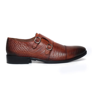 Tan Croco Print Leather Double Monk Shoe By Brune & Bareskin