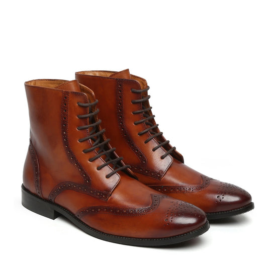 Tan Wingtip Brogue Formal Leather Boots By Brune & Bareskin