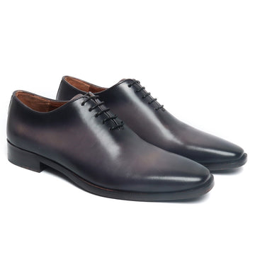 Grey Hand Painted Leather Handmade Whole Cut/One-Piece Oxford Shoes For Men By Brune & Bareskin