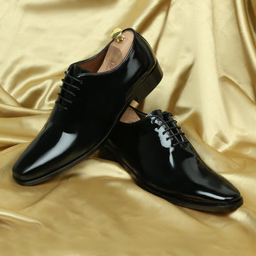 Patent Black Long Tail Hand Painted Leather Handmade Whole Cut/One-Piece Oxford Shoes For Men By Brune & Bareskin