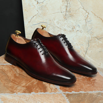 Wine Hand Painted Leather Handmade Whole Cut/One-Piece Oxford Shoes For Men By Brune & Bareskin