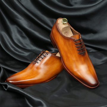 Tan Hand Painted Leather Handmade Whole Cut/One-Piece Oxford Shoes For Men By Brune & Bareskin