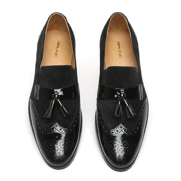 Black Patent Strip Tassel Medallion Toe Suede Leather Slip-On By Brune & Bareskin