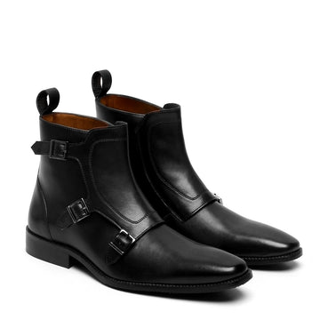Men's Black Triple Monk High Ankle Leather Boots By Brune & Bareskin