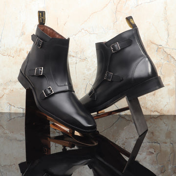Men's Black Triple Monk High Ankle Leather Boots By Brune & Bareskin
