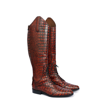 Smokey Deep Cut Croco Textured Leather Cognac Stitched Horse Riding Jockey Shoes by Brune & Bareskin