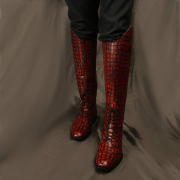 Stitched Horse Riding Jockey Shoes in Smokey Finish Deep Cut Croco Textured Cognac Leather by Brune & Bareskin