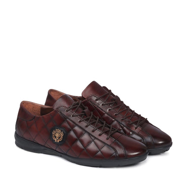 Dark Brown Leather Sneakers with Diamond Stitched Pattern