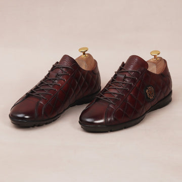Dark Brown Leather Sneakers with Diamond Stitched Pattern