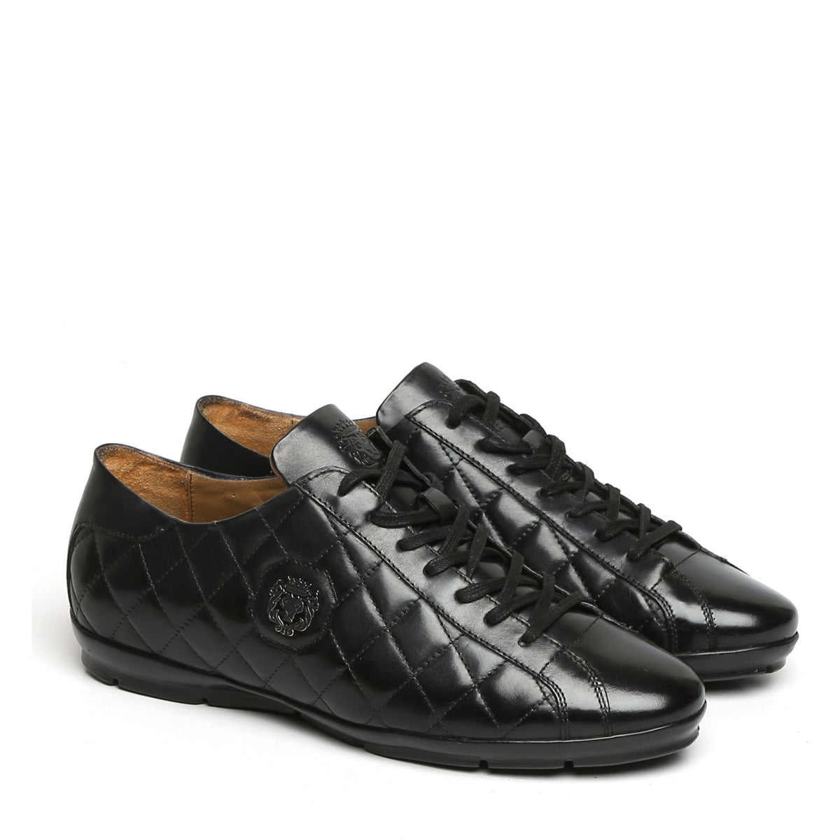 Black Diamond Stitched Leather Sneakers With Metal Lion Lace-Up Closure