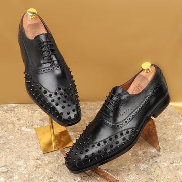 Black Studded Toe Long Tail Whole Cut One Piece Brogue Oxford Lace-up Shoes by Brune & Bareskin