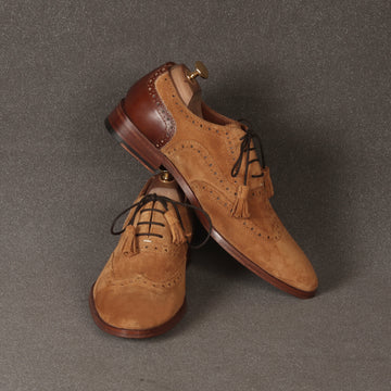 Full Wingtip Camel Suede Punching Brogue With Tassel Oxfords Lace-Up Leather Heel Cap Shoe By Brune & Bareskin