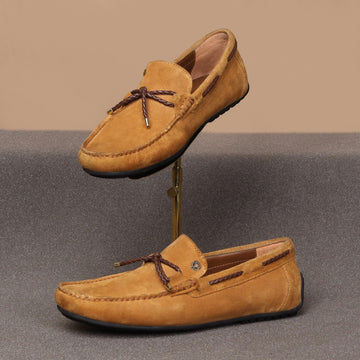 Tassel Bow Loafers in Tan Suede Leather