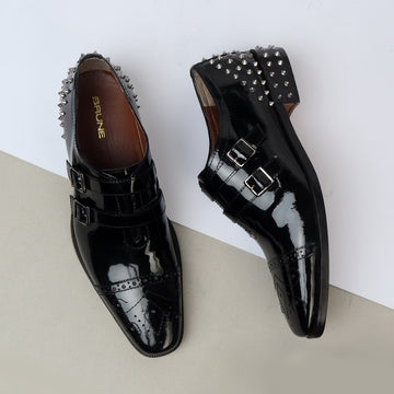 Black Patent Leather Silver Studded Heel-Cap Parallel Double Monk Straps Shoes by Brune & Bareskin