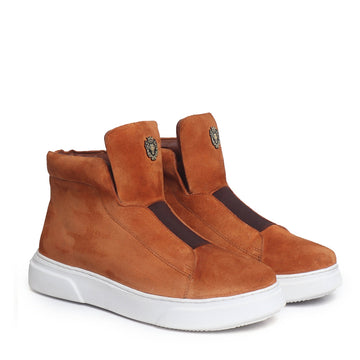 Orange Suede Leather Mid-Top Sneakers with Stretchable Strap by Brune & Bareskin