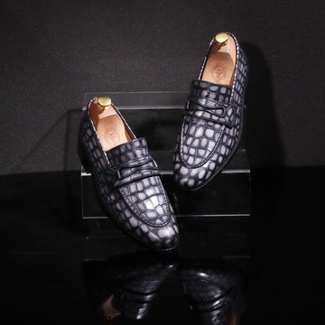 Smokey Finish Mod Look Loafers in Grey Croco Textured Leather with Leather Sole