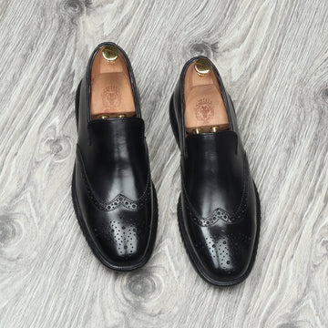 Black Burnished Leather Wingtip Light Weight Loafers By Brune & Bareskin