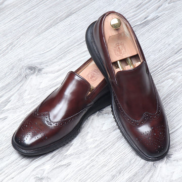Brown Burnished Leather Wingtip Light Weight Loafers By Brune & Bareskin