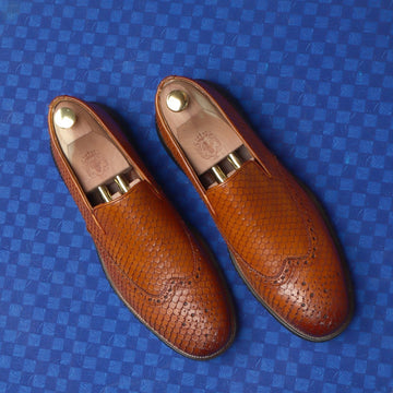 Tan Snake Skin Textured Burnished Leather Wingtip Light Weight Loafers By Brune & Bareskin