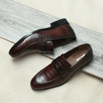 Stitched Loafers Dark Brown Cut Croco Leather
