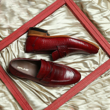 Wine Deep Cut Leather Mod Look Loafers with Leather Sole