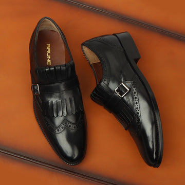 Black Leather Fringed Single Monk Strap Shoes For Men by Brune & Bareskin