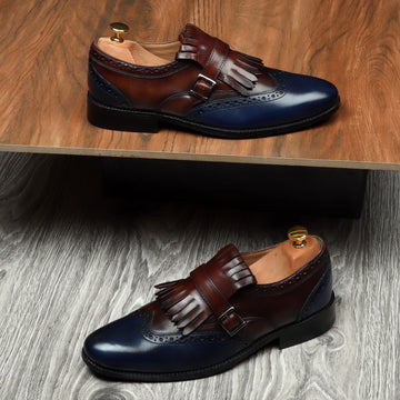 Brown/Blue Leather Fringed Single Monk Strap Shoes By Brune & Bareskin
