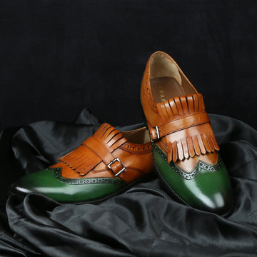 Tan/Green Leather Fringed Single Monk Strap Shoes by Brune & Bareskin