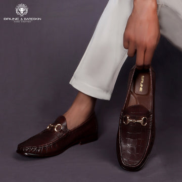 Dark Brown Leather Loafers in Croco Textured