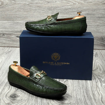 Green Croco Textured Leather Loafers