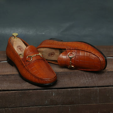 Tan Croco Texture Leather Loafers with Horse-Bit Buckle