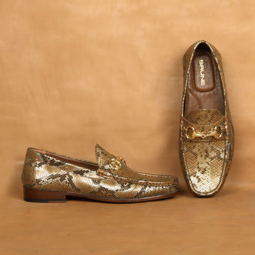 Golden Snake Print Leather Loafer with Horse-bit Buckle