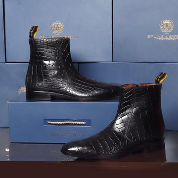 Black Deep Cut Croco Textured Leather Boots by BRUNE & BARESKIN