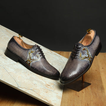 Hand Painted Deer Head Cloudy Grey - Black Leather Oxfords by Brune & Bareskin