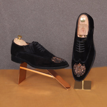 Zardosi Wingtip Black Velvet Formal Shoes by Brune & Bareskin