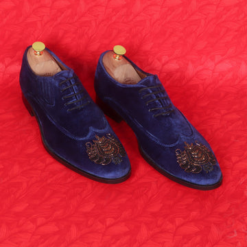 Zardosi Wingtip Blue Velvet Formal Shoes