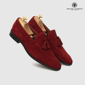 Men's Red Suede Leather Apron Toe Tassel Slip-ons by Brune & Bareskin
