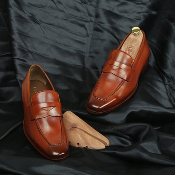 Tan Leather Penny Loafers with Triangular Cut-Strap