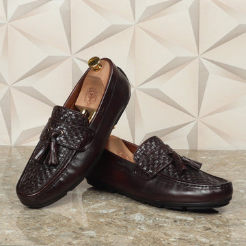 Dark Brown Weaved Vamp & Tassel Leather Loafers Shoe